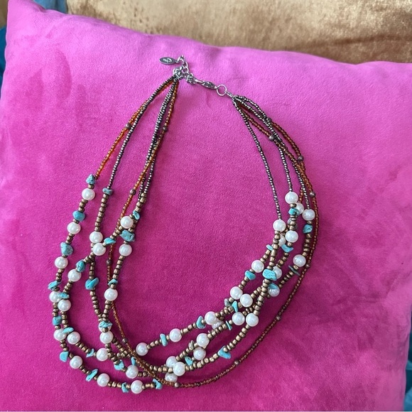 Woman’s 5 strand, multi beaded necklace, mixed beads, turquoise chips 5395 P - Picture 2 of 11